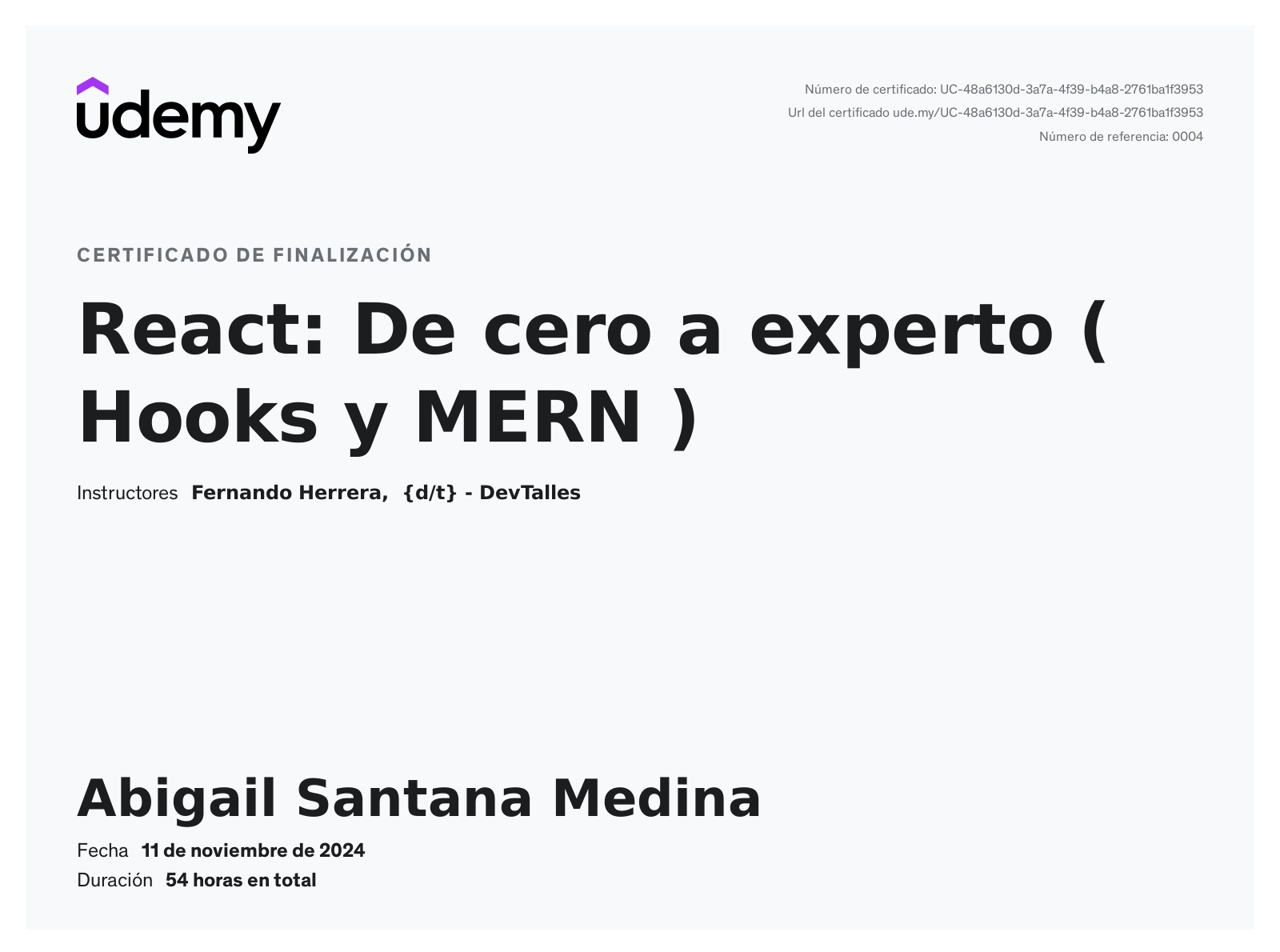 REACT udemy certificate